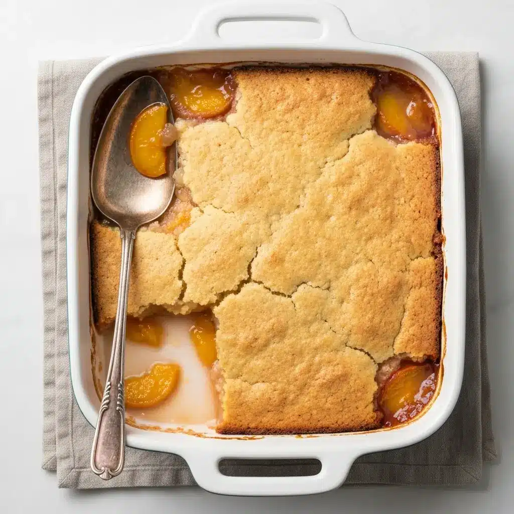 Peach Cobbler with Canned Peaches (Quick & Easy Recipe!) 2 Overhead view of a freshly baked peach cobbler with canned peaches in a baking dish.