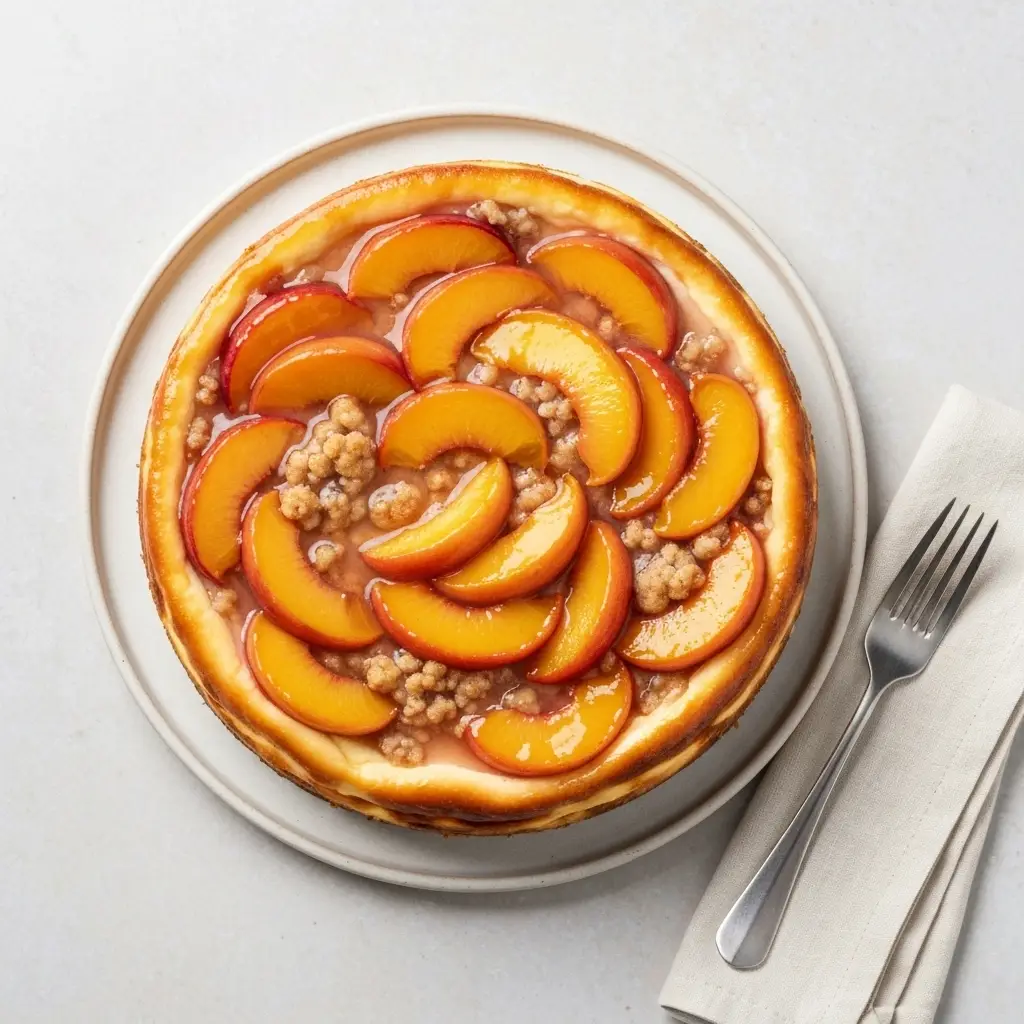Peach Cobbler Cheesecake: The Ultimate Dessert Mashup 2 An overhead view of the whole finished peach cobbler cheesecake, showing the beautiful peach topping.
