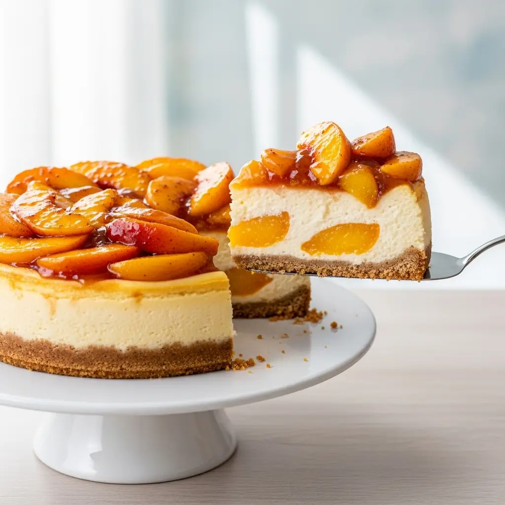 A slice of peach cobbler cheesecake being lifted from the whole cake, showing the layers of crust, filling, and peach topping.