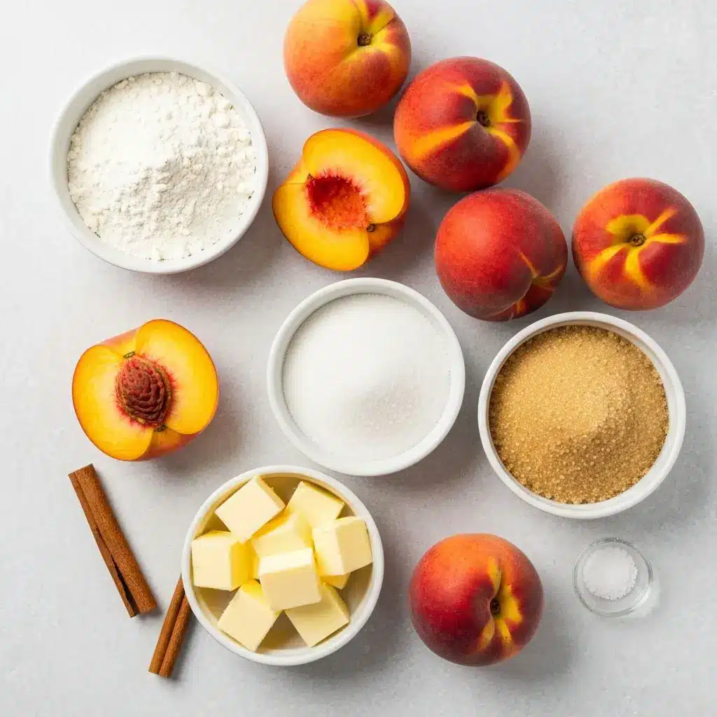 Peach Cobbler with Crumble Topping (The BEST Easy Recipe!) 1 Ingredients for peach cobbler with crumble topping laid out on a light surface.