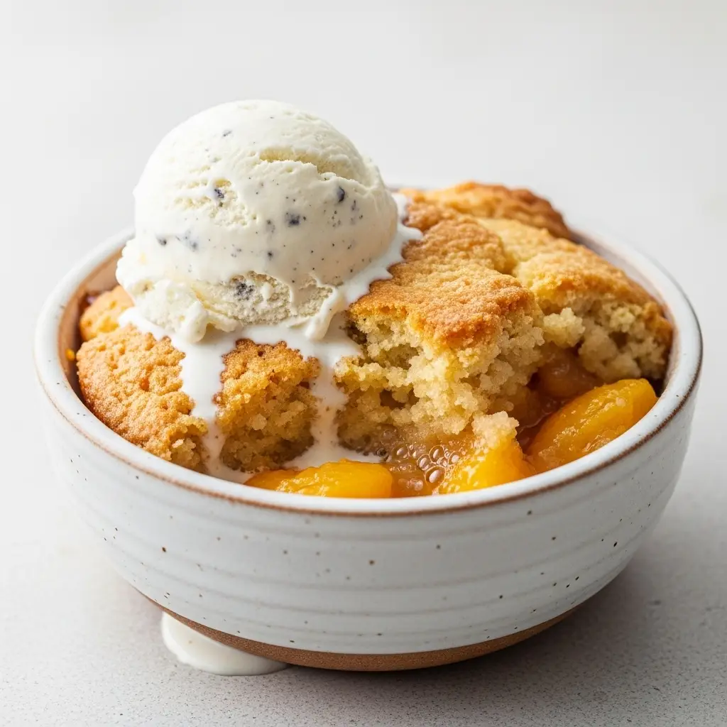 Peach Cobbler Dump Cake: The Easiest 3-Ingredient Dessert Ever! 2 A scoop of warm peach cobbler dump cake in a white bowl, topped with a melting scoop of vanilla ice cream.