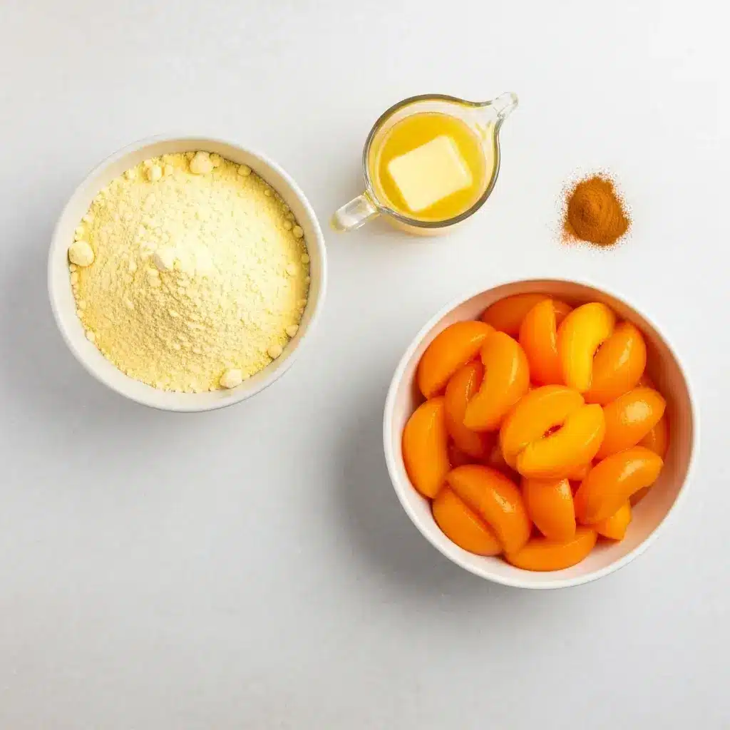 Peach Cobbler Dump Cake: The Easiest 3-Ingredient Dessert Ever! 1 Ingredients for peach cobbler dump cake: canned peaches, yellow cake mix, and melted butter arranged on a light surface.