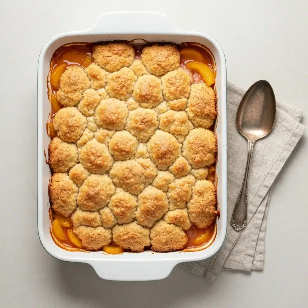 Peach Cobbler Dump Cake: The Easiest 3-Ingredient Dessert Ever! 3 Overhead view of a freshly baked peach cobbler dump cake in a white 9x13 baking dish.