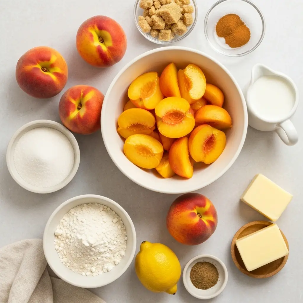 Peach Cobbler with Fresh Peaches: The Ultimate Summer Dessert 1 Ingredients for peach cobbler with fresh peaches laid out on a light surface.