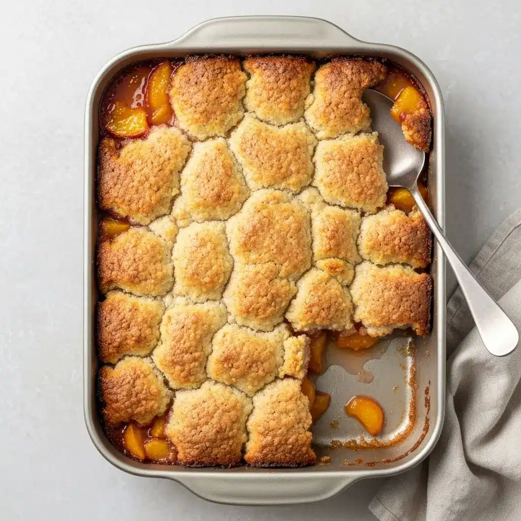 Peach Cobbler with Fresh Peaches: The Ultimate Summer Dessert 3 Overhead view of a freshly baked peach cobbler with fresh peaches in a baking dish.