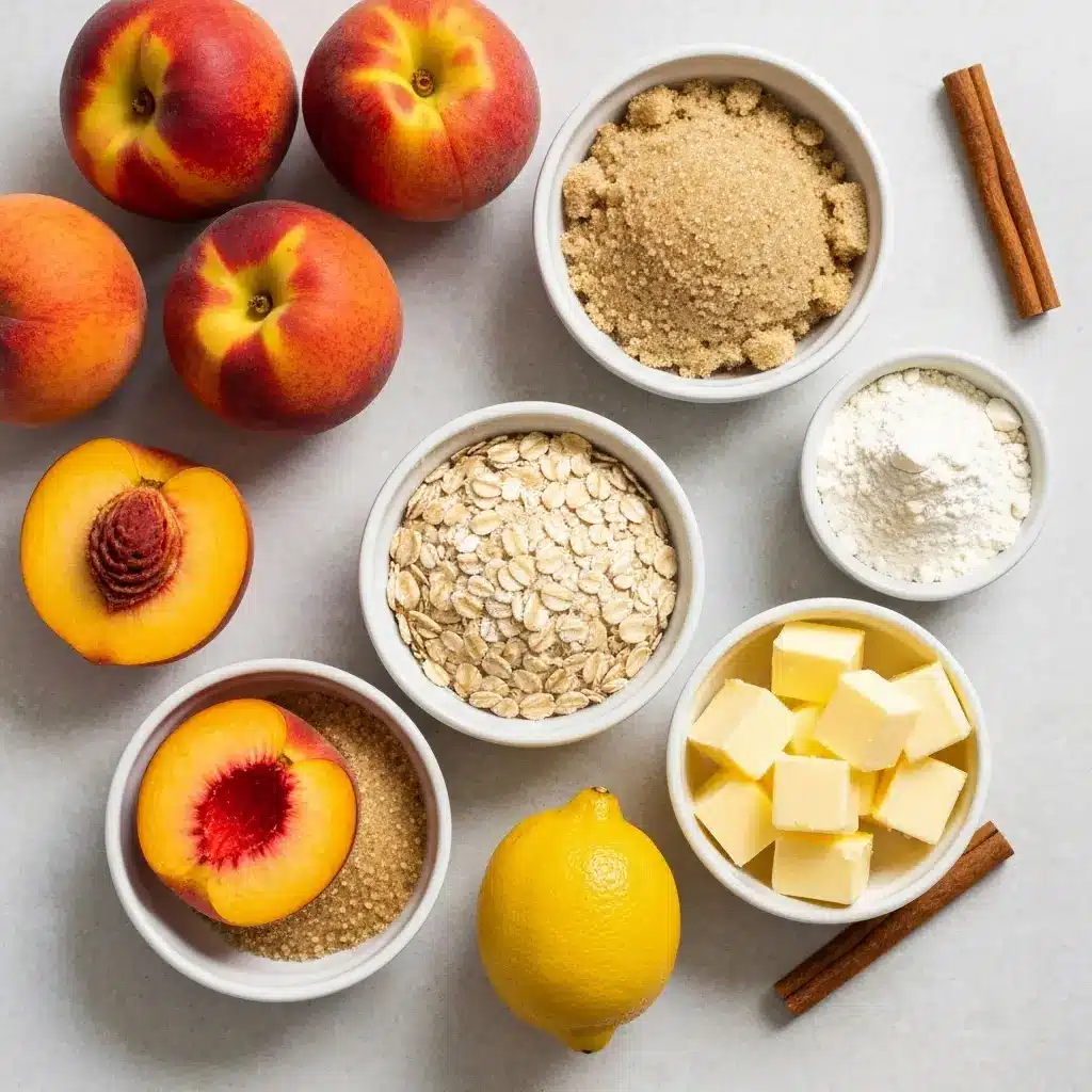 Peach Cobbler with Oatmeal Topping (Crispy & Delicious!) 1 Ingredients for peach cobbler with oatmeal topping, including fresh peaches, oats, flour, butter, and sugar, arranged in a flat lay.