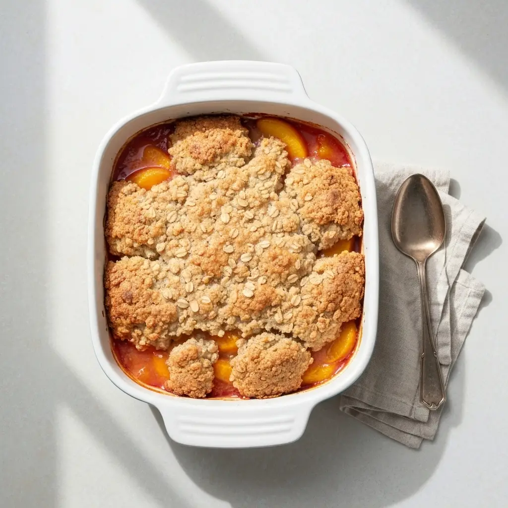 Peach Cobbler with Oatmeal Topping (Crispy & Delicious!) 2 An overhead shot of a freshly baked peach cobbler with a golden oatmeal crumble topping in a baking dish.
