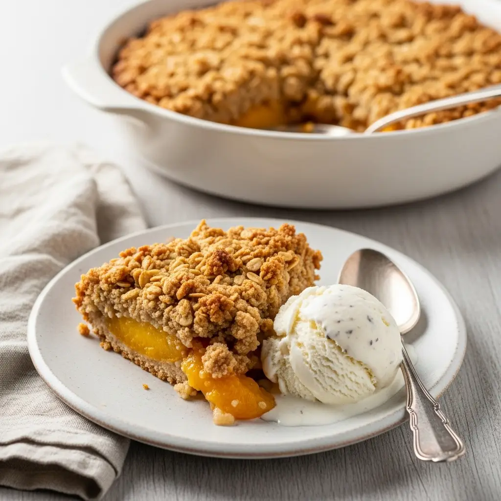 A slice of peach cobbler with a crispy oatmeal topping, served warm on a plate with a scoop of melting vanilla ice cream.