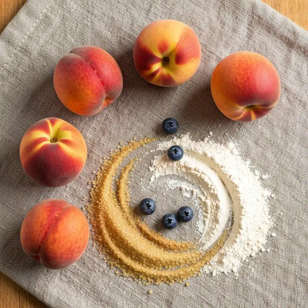 Peach Cobbler Recipe (The Easiest & Best Ever!) 1 Ingredients for the best peach cobbler recipe laid out on a light surface, including fresh peaches, flour, sugar, and butter.