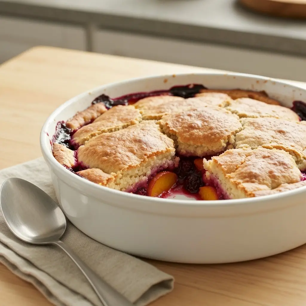 Peach Cobbler Recipe (The Easiest & Best Ever!) 2 An overhead shot of a freshly baked peach cobbler with a golden brown topping in a white baking dish.