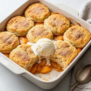 A close up 45-degree angle shot of a freshly baked peach cobbler with a fluffy biscuit topping in a rustic baking dish, with one serving scooped out to show the juicy filling.
