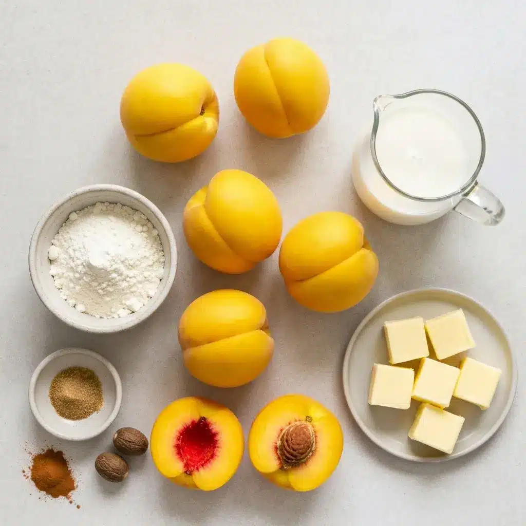 Peach Cobbler with Biscuit Topping (Fluffy & Foolproof!) 1 An overhead flat lay of ingredients for peach cobbler: fresh peaches, flour, sugar, butter, and buttermilk.