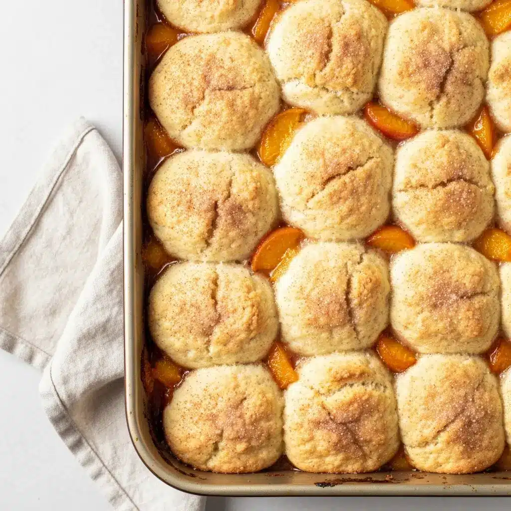 Peach Cobbler with Biscuit Topping (Fluffy & Foolproof!) 2 An overhead view of a fully baked peach cobbler, showing the golden brown biscuit topping and bubbly peach filling.