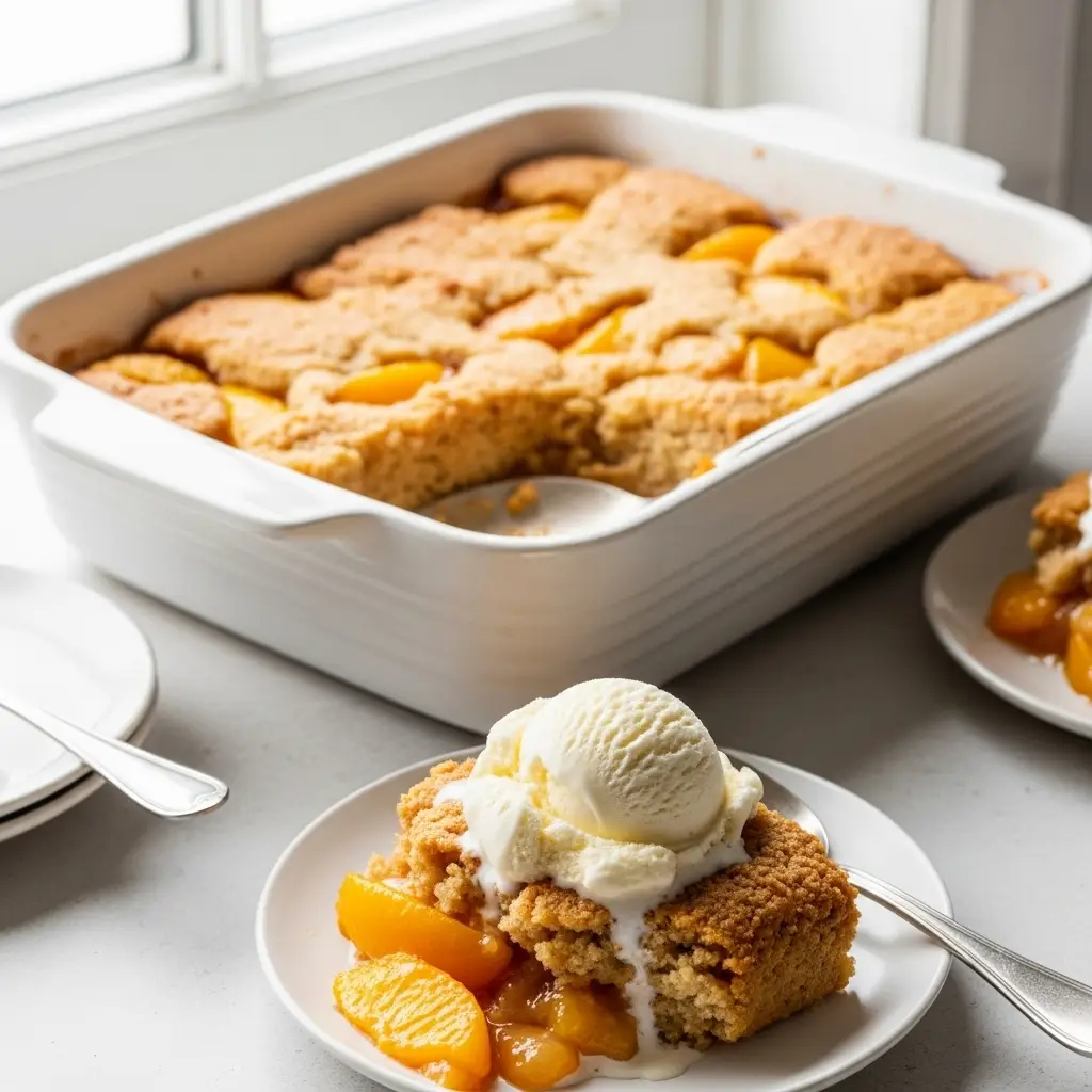 Peach Cobbler with Cake Mix (The Easiest 3-Ingredient Dessert!) 2 A serving of peach cobbler with cake mix on a white plate with a scoop of melting vanilla ice cream on top, next to the full baking dish.