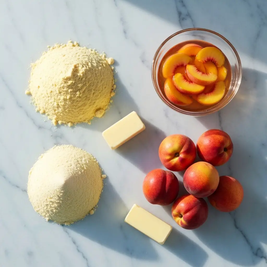 Peach Cobbler with Cake Mix (The Easiest 3-Ingredient Dessert!) 1 Overhead view of the 3 ingredients for peach cobbler with cake mix: yellow cake mix, sliced peaches in a bowl, and a stick of butter.