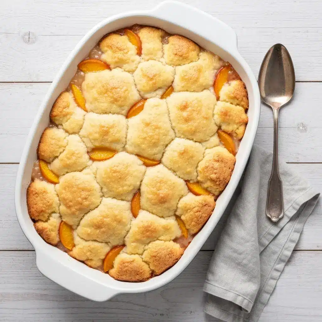 Peach Cobbler with Cake Mix (The Easiest 3-Ingredient Dessert!) 3 An overhead view of a freshly baked peach cobbler with cake mix in a white baking dish.