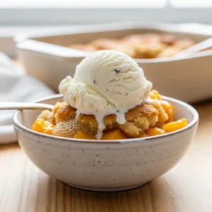 A scoop of warm peach cobbler with canned peaches in a white bowl, topped with melting vanilla ice cream.