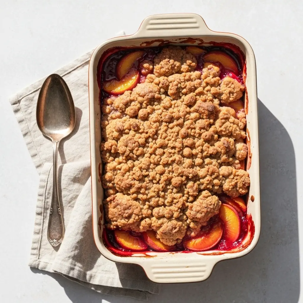 Peach Cobbler with Crumble Topping (The BEST Easy Recipe!) 2 Overhead shot of a freshly baked peach cobbler with crumble topping in a baking dish.
