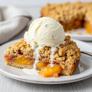 A slice of peach cobbler with crumble topping on a white plate with a scoop of melting vanilla ice cream.