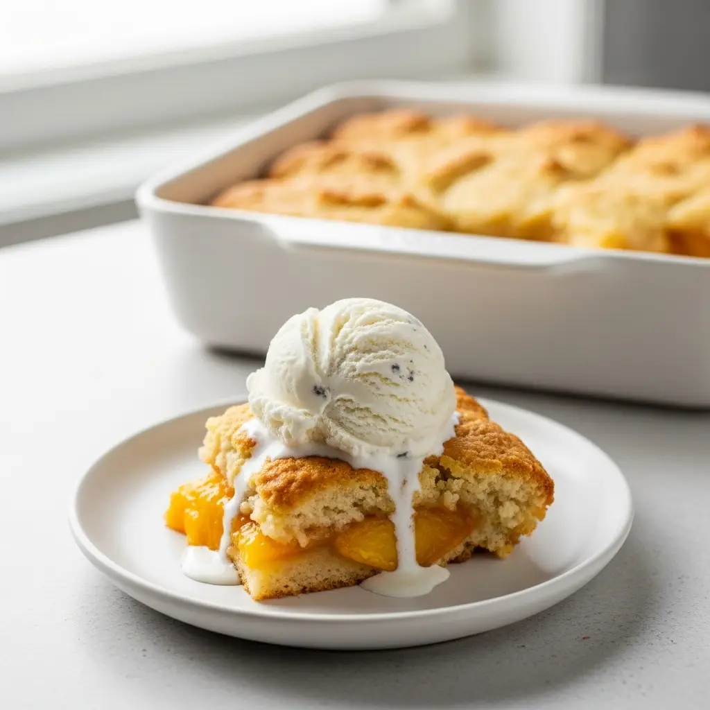 Peach Cobbler with Fresh Peaches: The Ultimate Summer Dessert 2 A slice of homemade peach cobbler with fresh peaches, topped with a scoop of melting vanilla ice cream on a white plate.