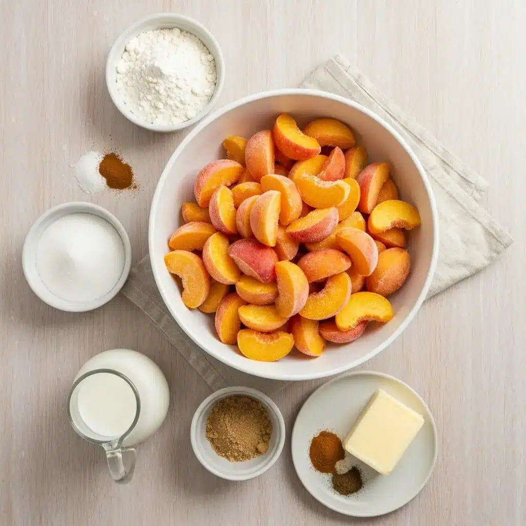 Peach Cobbler with Frozen Peaches (Easy Year-Round Recipe) 1 Ingredients for peach cobbler with frozen peaches arranged in an overhead shot.
