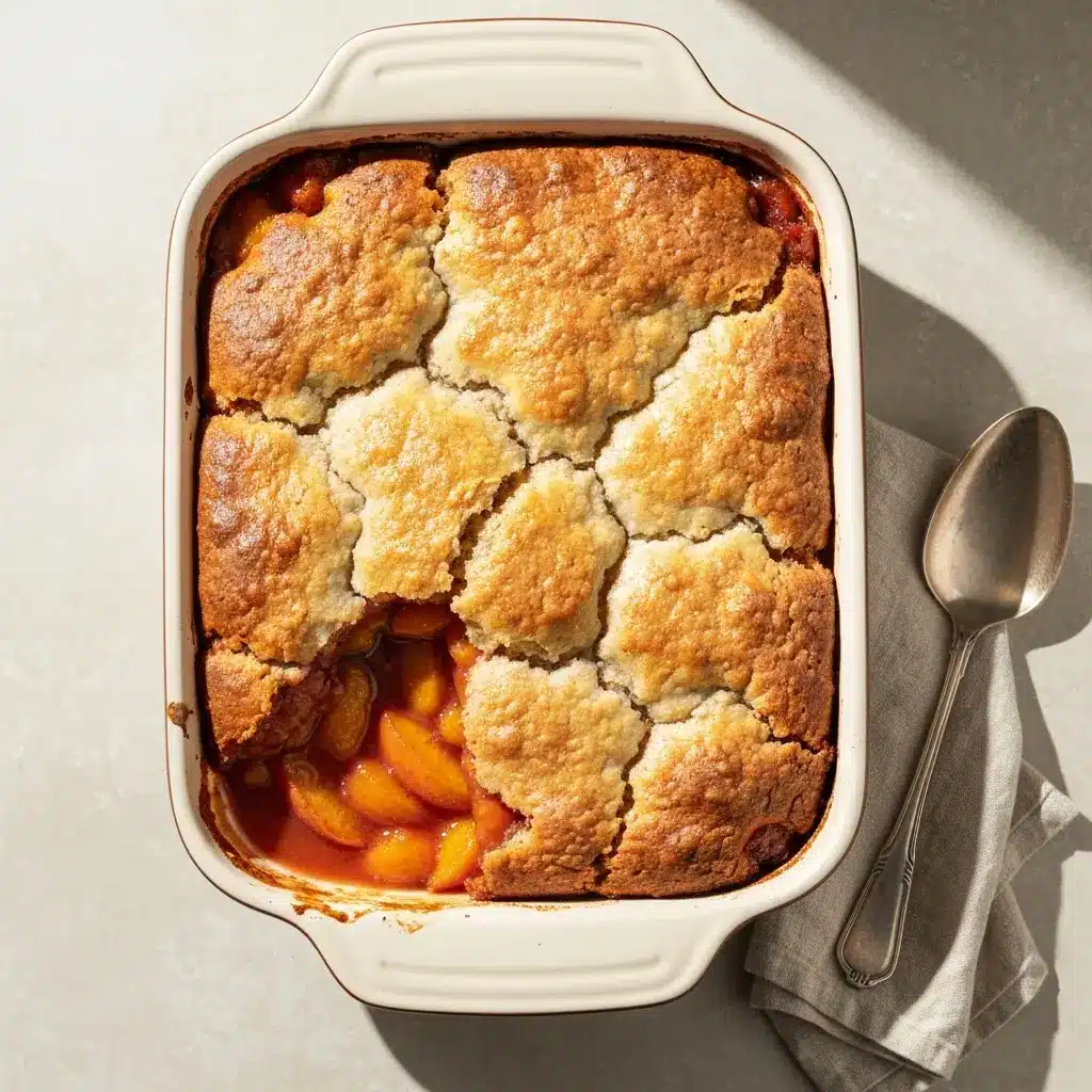Peach Cobbler with Frozen Peaches (Easy Year-Round Recipe) 2 Overhead shot of the finished peach cobbler with frozen peaches in a baking dish.