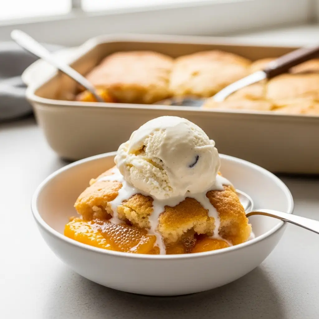 A scoop of golden-brown peach cobbler with frozen peaches in a white bowl, topped with melting vanilla ice cream.