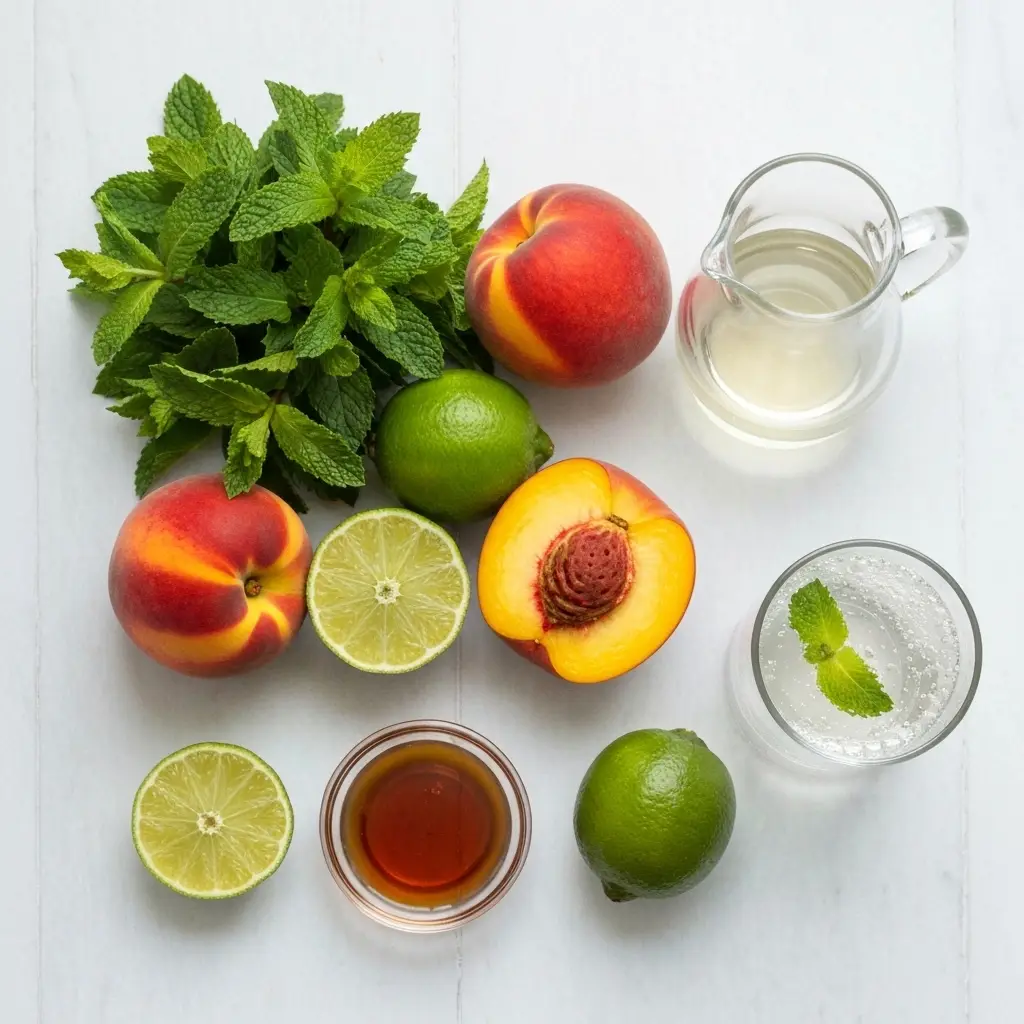 Peach Mojito Recipe (The Ultimate Summer Refresher) 1 Ingredients for a peach mojito: fresh peaches, mint, limes, rum, and simple syrup.