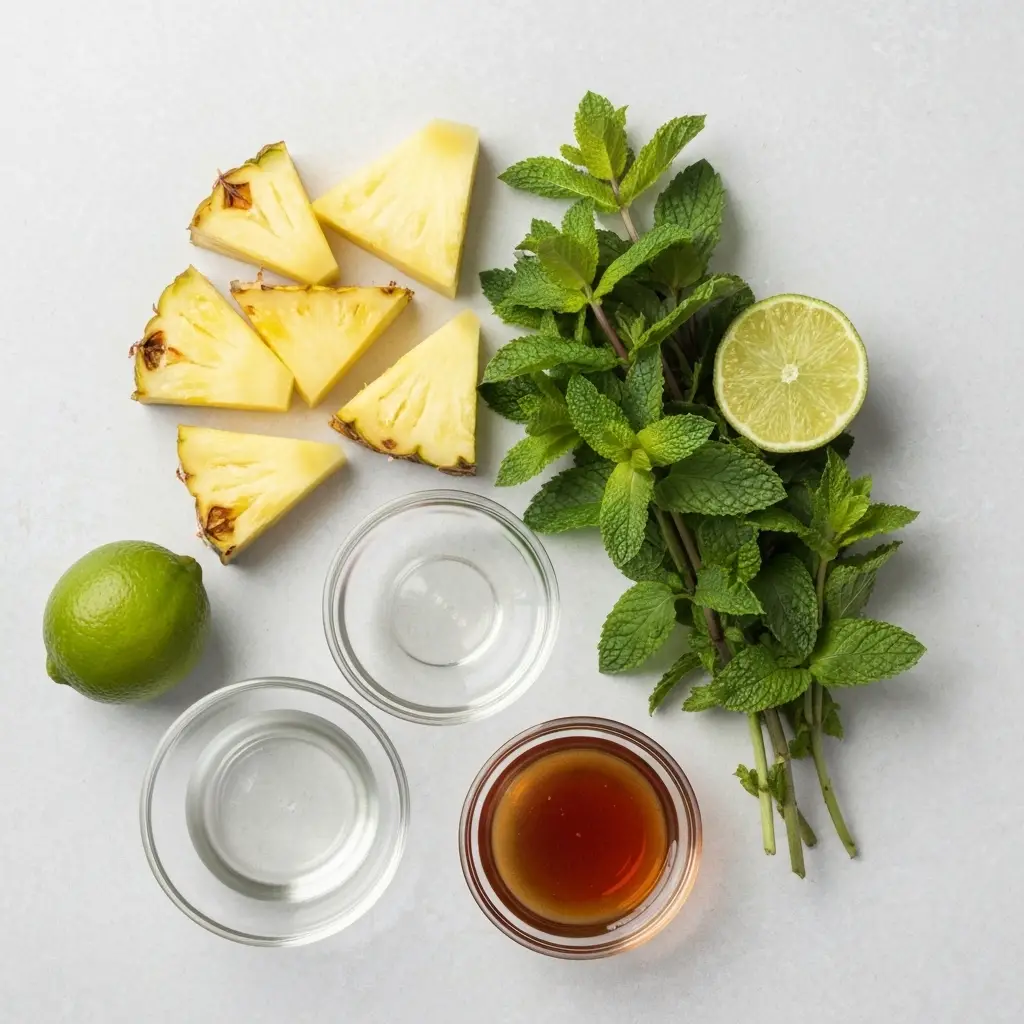 Pineapple Mojito Recipe (Fresh & Unforgettable!) 1 Ingredients for a pineapple mojito recipe laid out on a light surface: fresh pineapple, mint, lime, and rum.
