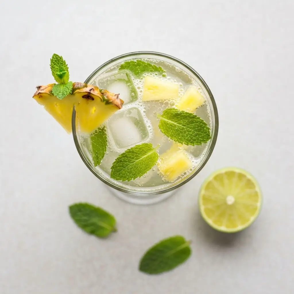 Pineapple Mojito Recipe (Fresh & Unforgettable!) 2 An overhead view of a pineapple mojito in a glass, garnished with fruit and mint.