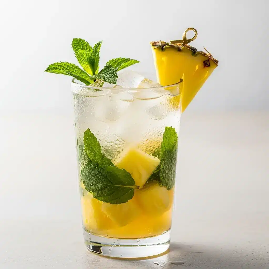 A refreshing pineapple mojito in a tall glass, garnished with a fresh pineapple wedge and a sprig of mint.