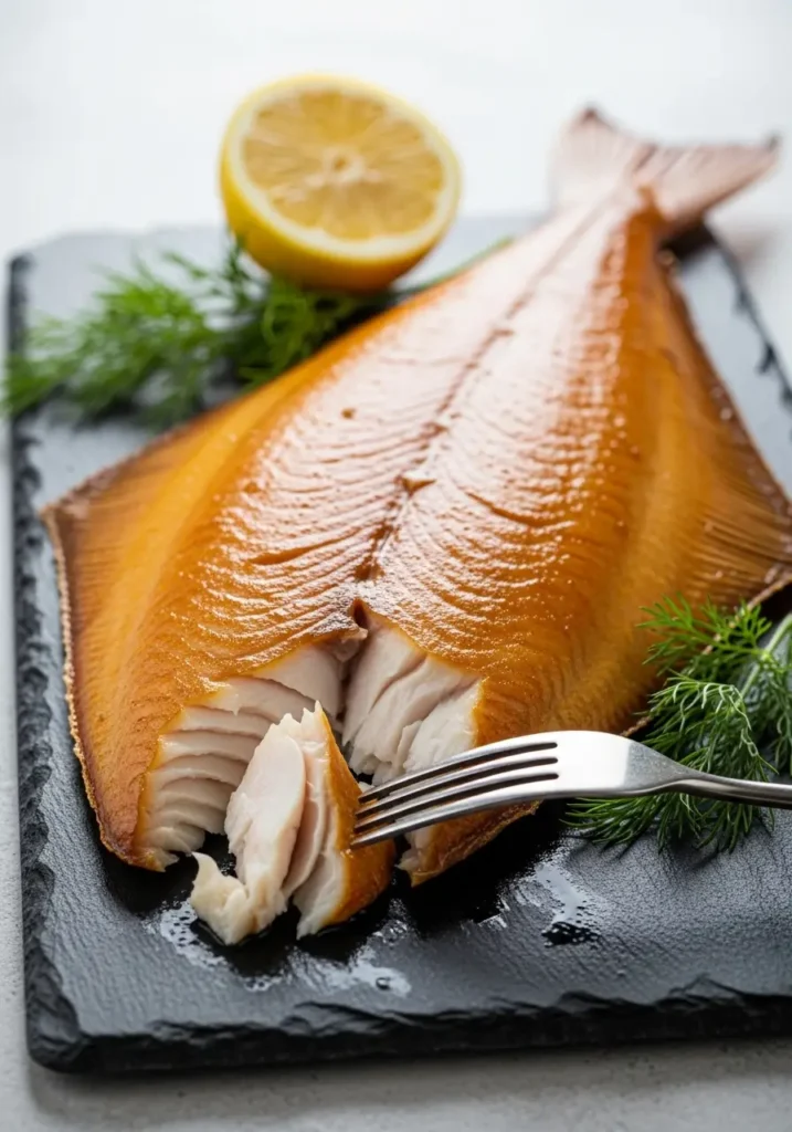 A close up 45-degree angle shot of a perfectly smoked halibut fillet with a piece flaked off to show its moist interior, garnished with fresh dill.
