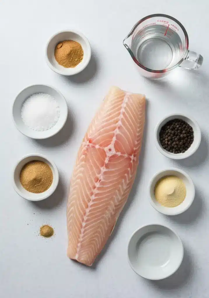 Amazing Homemade Smoked Halibut Recipe for a Delicately Flavored and Flaky Fish 1 An overhead shot of the ingredients for smoked halibut brine: a raw halibut fillet, salt, brown sugar, garlic powder, and peppercorns.