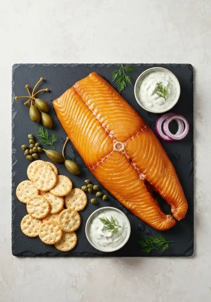 Amazing Homemade Smoked Halibut Recipe for a Delicately Flavored and Flaky Fish 2 An overhead flat lay of a smoked halibut fillet on a serving platter with crackers, dill sauce, and capers.