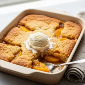 A warm Southern peach cobbler in a baking dish with a scoop taken out and vanilla ice cream melting on top.