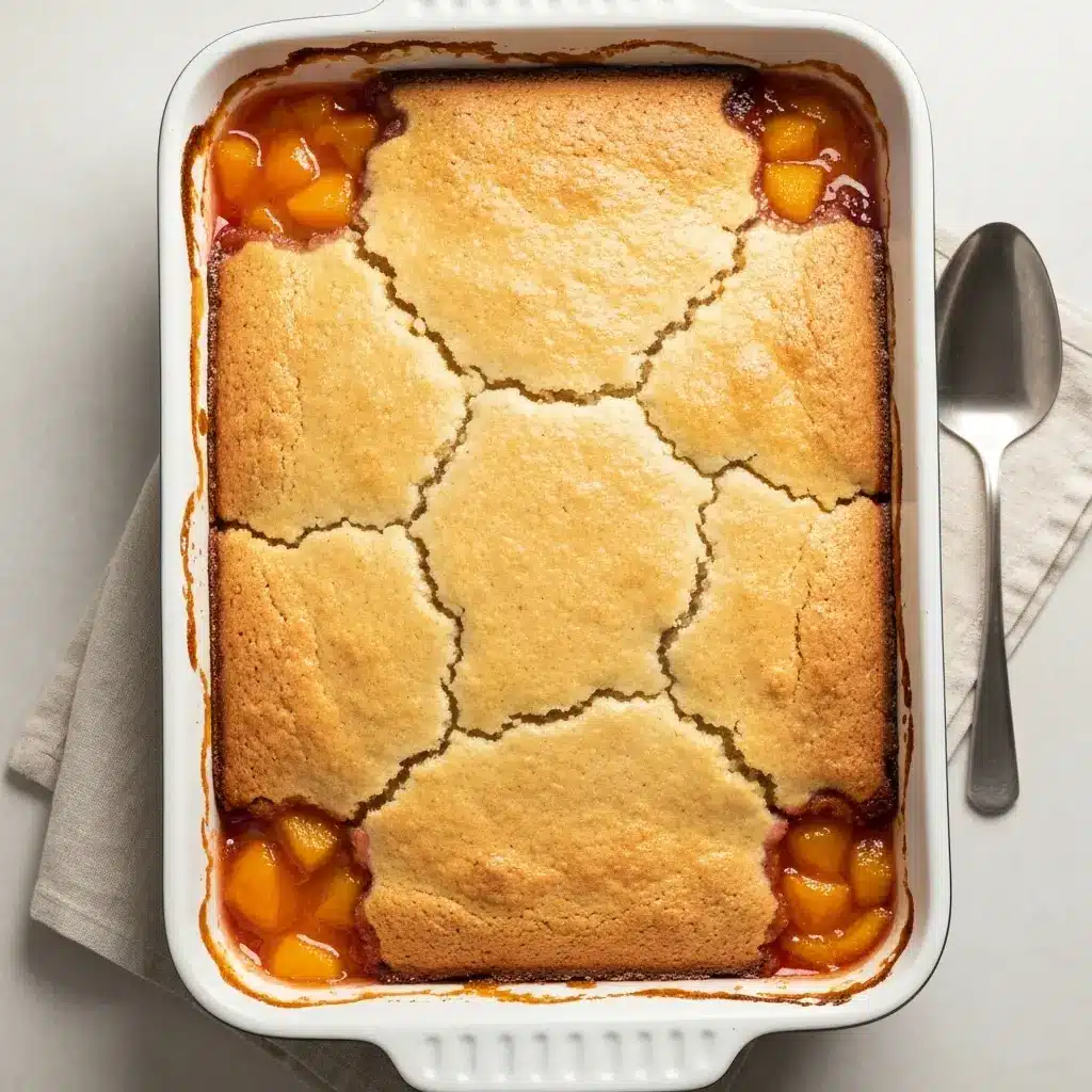 Southern Peach Cobbler Recipe (The Only One You'll Ever Need) 3 An overhead view of a freshly baked Southern peach cobbler in its baking dish.