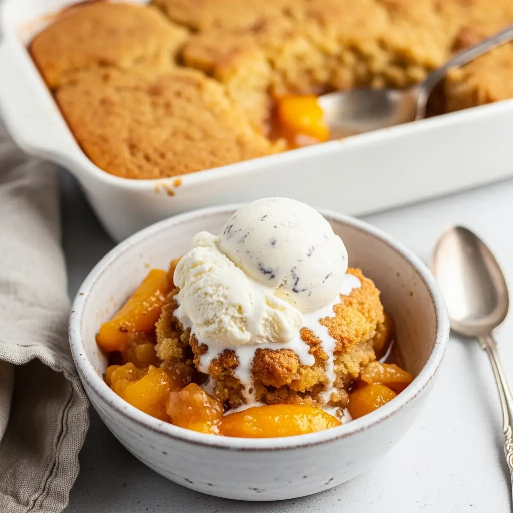 A close-up shot of a bowl of spiced peach cobbler topped with a melting scoop of vanilla ice cream.