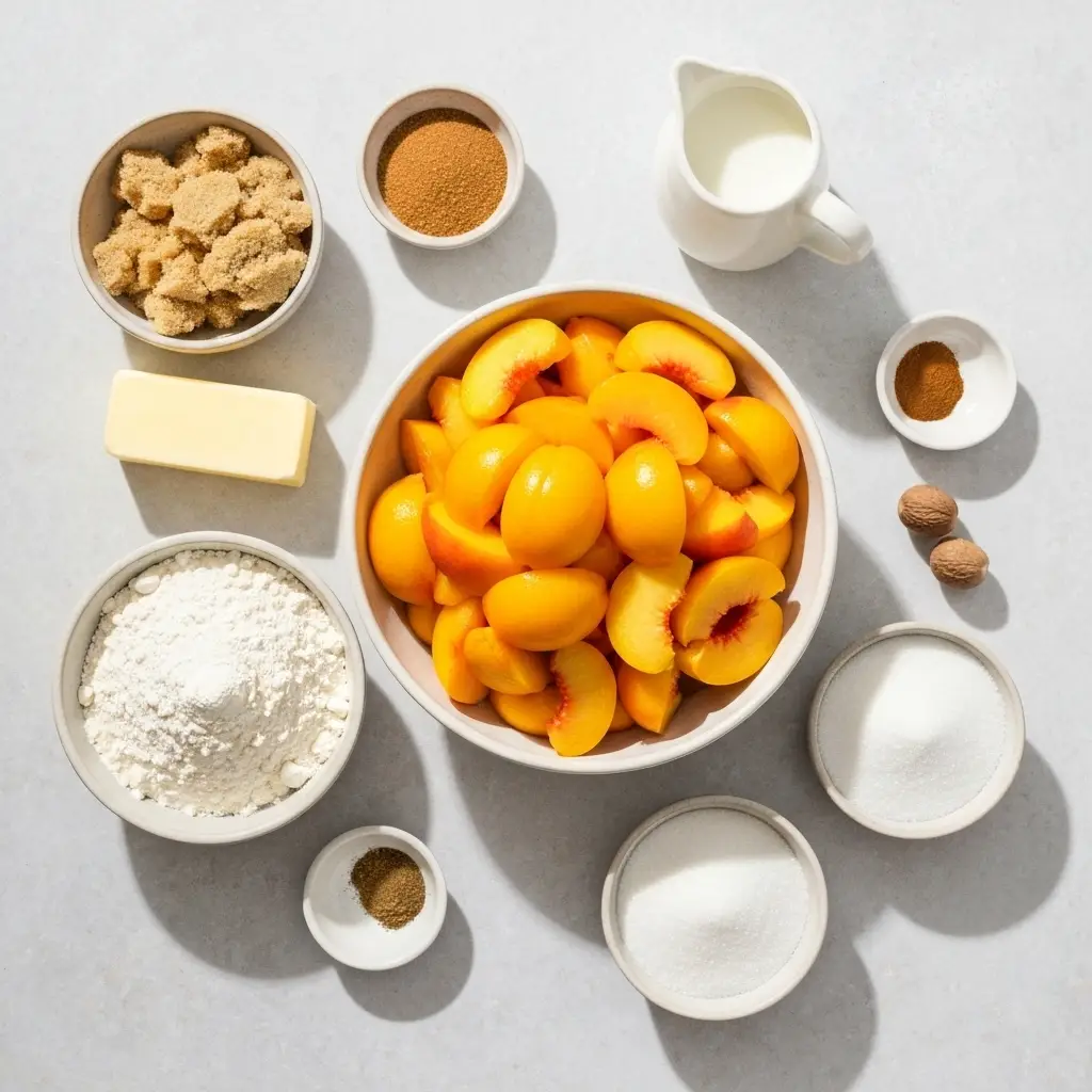 Spiced Peach Cobbler Recipe with Perfect Fall Flavors 1 Ingredients for spiced peach cobbler arranged on a light surface.