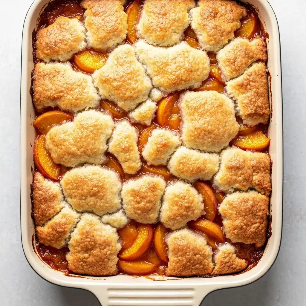 Spiced Peach Cobbler Recipe with Perfect Fall Flavors 3 An overhead view of a freshly baked spiced peach cobbler in a baking dish.