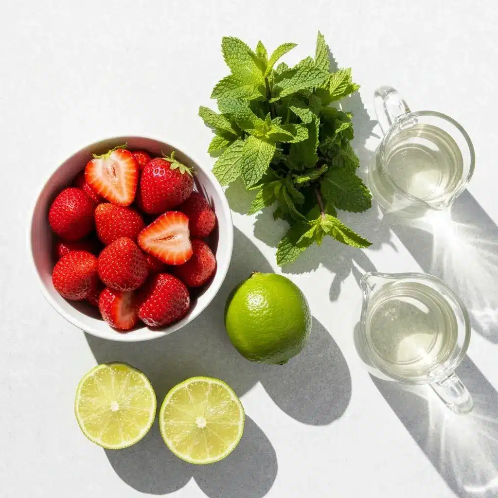 Strawberry Mojito Recipe: The Ultimate Refreshing Summer Cocktail 1 Ingredients for a strawberry mojito recipe laid out on a light surface: fresh strawberries, mint, limes, rum, and simple syrup.