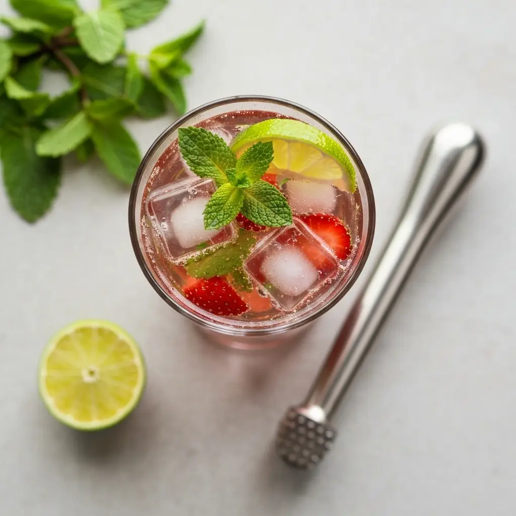 Strawberry Mojito Recipe: The Ultimate Refreshing Summer Cocktail 2 An overhead view of a finished strawberry mojito in a glass, showing the muddled fruit and garnish.