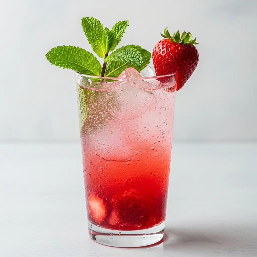 Strawberry Mojito Recipe: The Ultimate Refreshing Summer Cocktail 3 A refreshing strawberry mojito in a tall glass, garnished with a fresh mint sprig and a whole strawberry.