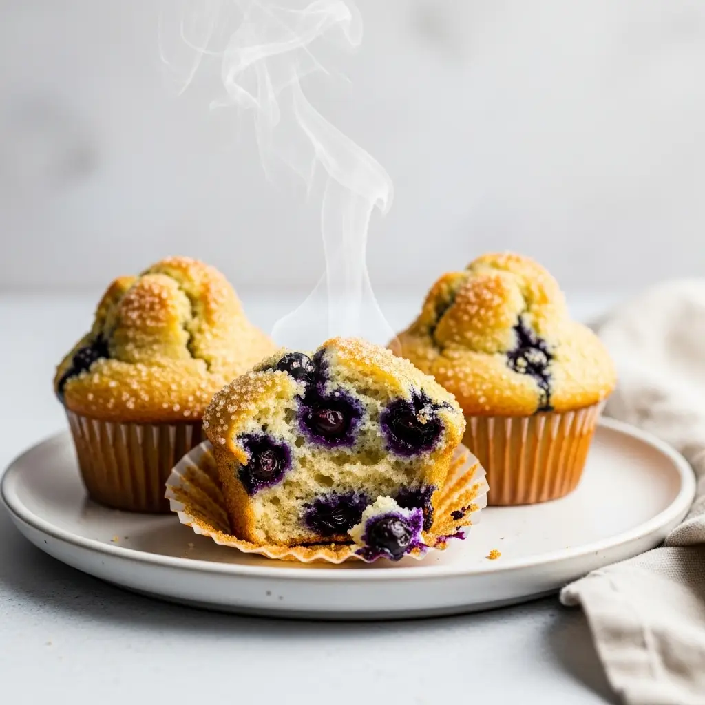 A plate of three fluffy vegan blueberry muffins, with one broken in half to show the moist interior.