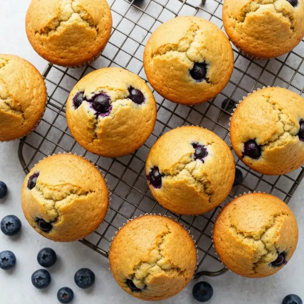 An overhead shot of a batch of vegan blueberry muffins cooling on a wire rack.