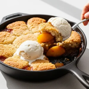 A scoop of vegan peach cobbler with a golden biscuit topping being lifted from a cast iron skillet, served with melting vegan vanilla ice cream.