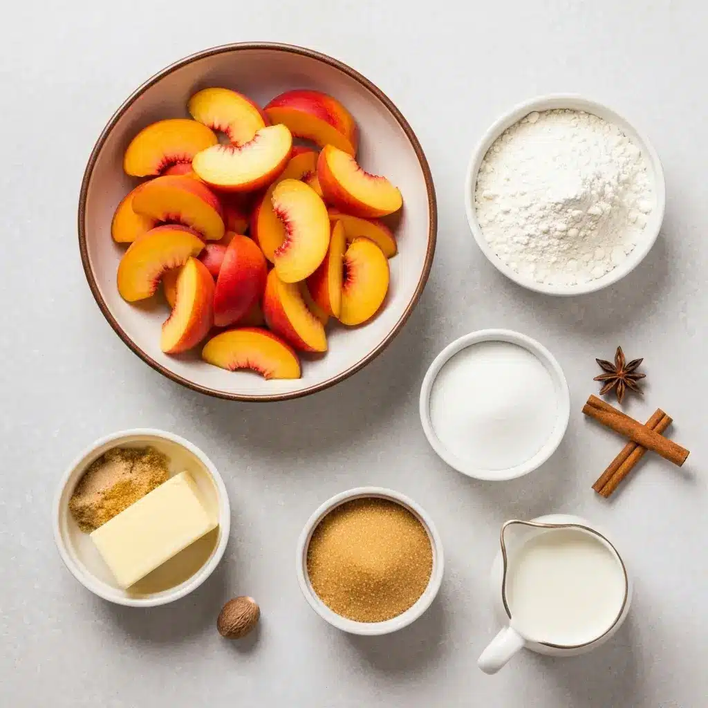 Vegan Peach Cobbler Recipe (Easy & Southern-Style!) 1 Overhead view of ingredients for vegan peach cobbler: peaches, flour, sugar, vegan butter, and plant milk.