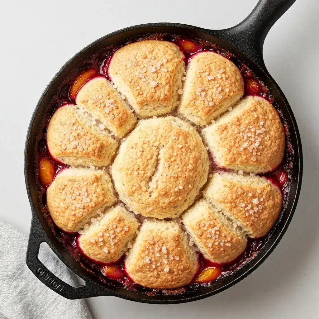 Vegan Peach Cobbler Recipe (Easy & Southern-Style!) 2 Overhead view of a freshly baked vegan peach cobbler in a cast iron skillet.