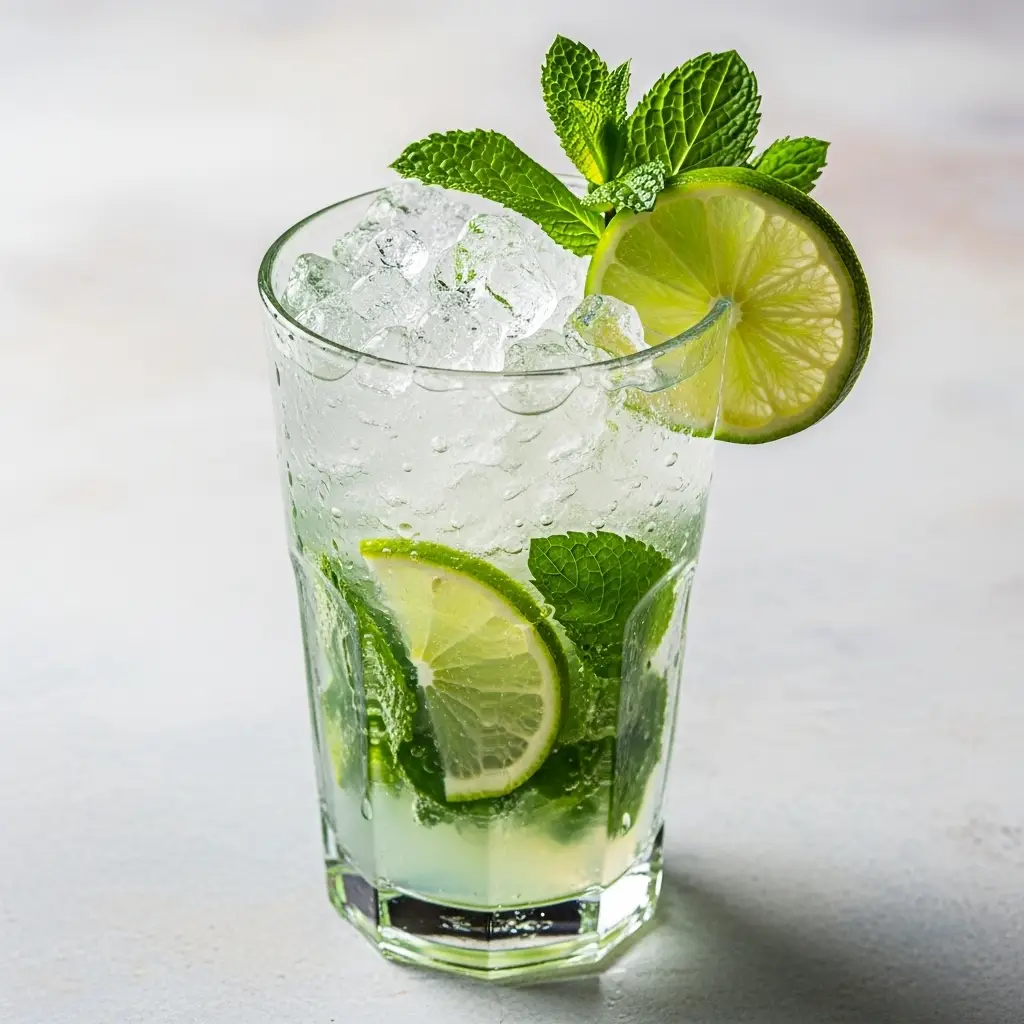 Virgin Mojito Recipe (Easy & Refreshing Mocktail) 3 A close-up 45-degree angle shot of a refreshing virgin mojito in a highball glass, garnished with a mint sprig and lime wheel.