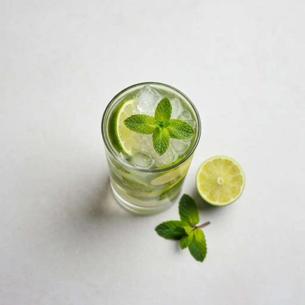 Virgin Mojito Recipe (Easy & Refreshing Mocktail) 2 An overhead flat lay photo of a finished virgin mojito, showing the crushed ice, mint, and lime inside the glass.