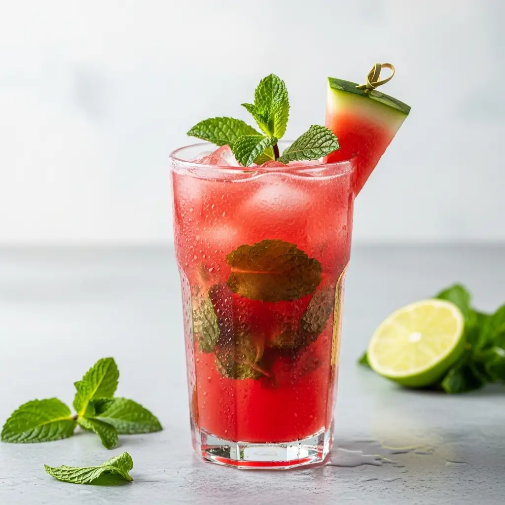 A refreshing watermelon mojito in a tall glass, garnished with a mint sprig and a watermelon wedge.